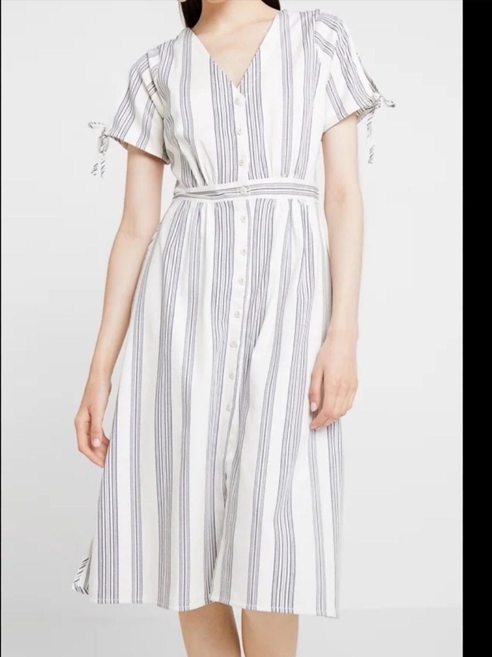 Madewell Stripe Cream Navy Midi Dress Cottagecore Modest Button Size 2